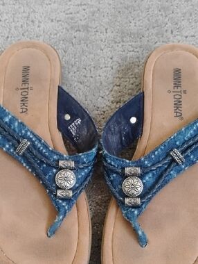 Minnetonka Blue Denim Thong Sandals with Silver Conchos